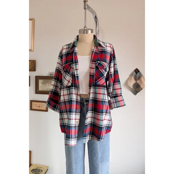 Vintage Flannel Plaid Cotton Unisex Button Down Shirt - Picture 3 of 16